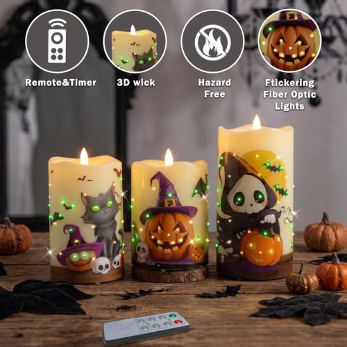 Image of Halloween Flameless Candles, Battery Operated Candles with Remote | Fiber Optic Flameless Pillar Candles Set Of 3 For Halloween Decorations Indoor
