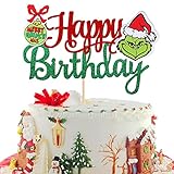 1 PCS Glitter Green Monster Happy Birthday Cake Topper Assembled Merry Christmas Cake Pick for Christmas Theme Baby Shower Kids Birthday Party Cake Decorations Supplies