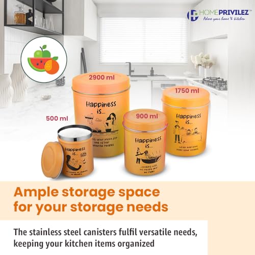 Image of inchChromaJars inch Stainless steel Stylish Coloured printed storage containers set of 4 for Home & Kitchen 500Ml, 900ML,1750 Ml & 2900 Ml (ORANGE)