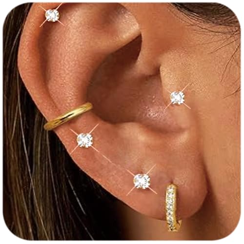 Stainless Steel Earrings Set,Hypoallergenic earrings 8mm & 10mm with CZ 3mm-5mm Studs in Gold & Silver2