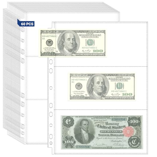 Image of 360 Pockets Acid Free Currency Sleeves, 60 Pack Dollar Bill Sleeves for Collecting Cash, Banknotes or Coupons, Fit for 3 Ring Binder Currency Album, Non Stick and Non Glare