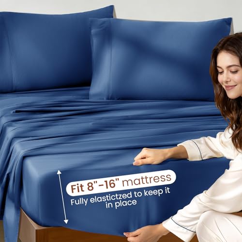 Image of 100% Egyptian Cotton Sheet Set 4 Pcs Queen Size Sheets 1000 Thread Count Breathable Soft Bedding Set Fitted Sheet with 16 inch Deep Pocket (Queen, Navy Blue)