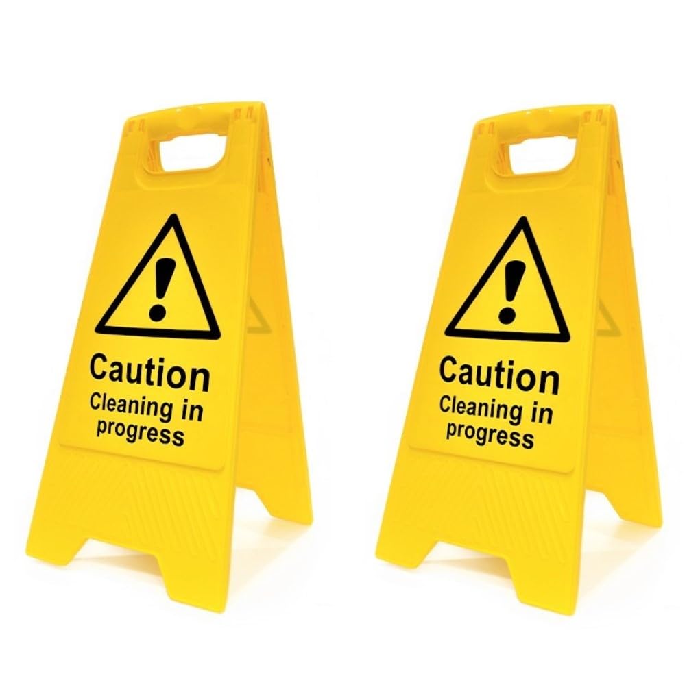 Caution Cleaning In Progress Signs - Pack of 2 | High-Visibility Yellow Folding A-Board Safety Signs | Double-Sided Warning Floor Stands for Cleaners, Shops, Offices & Public Areas