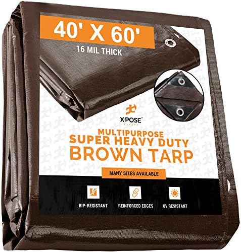 40' x 60' Super Heavy Duty 16 Mil Brown Poly Tarp Cover - Thick Waterproof, UV Resistant, Rip and Tear Proof Tarpaulin with Grommets and Reinforced Edges - by Xpose Safety