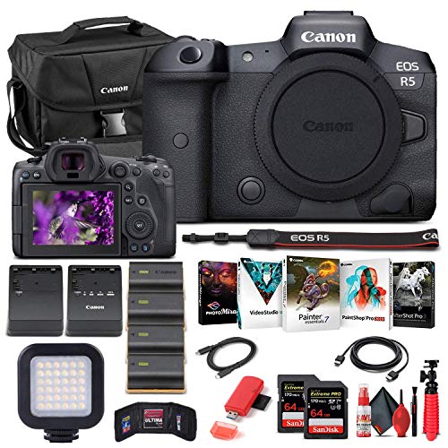 Canon Eos R5 Mirrorless Digital Camera (Body Only) (4147C002) + 2 X 64Gb Memory Card + Case + Corel Software + 3 X Lpe6 Battery + External Charger + Card Reader + Light + Hdmi Cable + More (Renewed) #TOP20