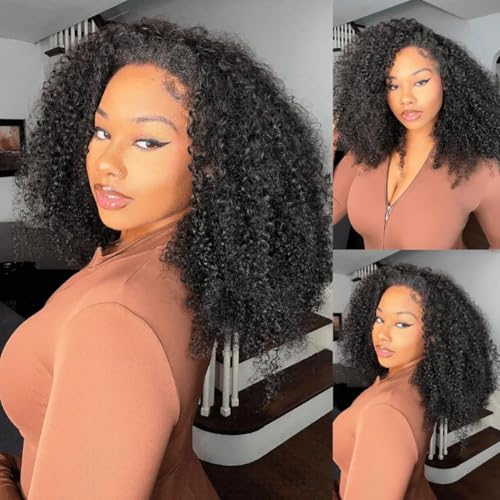 Kinky Curly Half Wig Human Hair Glueless Wigs Human Hair 200% Density 3 In 1 Half Wigs for Women Wear and Go Kinky Curly Headband Wig with Drawstring Beginner Friendly Natural Black Colour 26 Inch