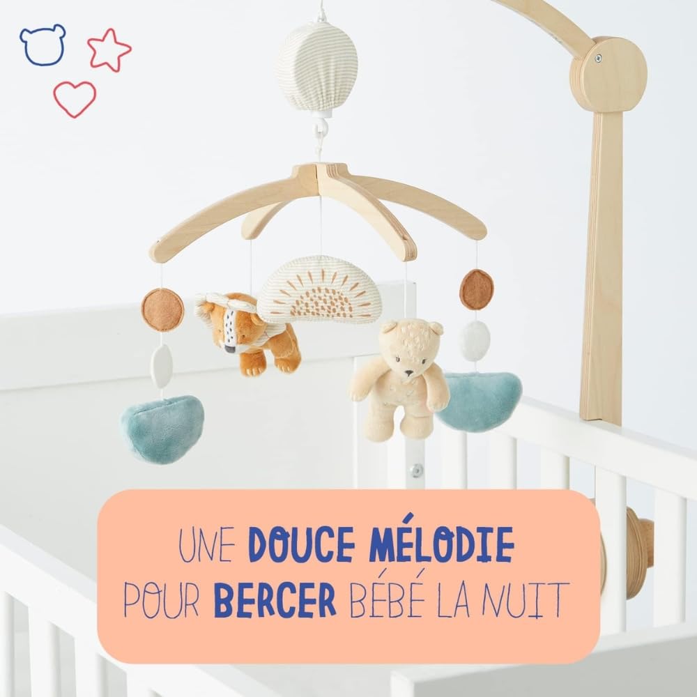 Noukie's - Babou & Kendi Pastelowa drewniana karuzela muzyczna - Karuzela do łóżeczka dziecięcego z boksem, kojec - inspirująca gra