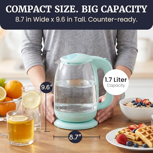 Image of Elite Gourmet EKT1792M 1.7L Glass Electric Kettle, Blue LED, 7.2 Cups, Auto Shut-Off, Boil-Dry Protection, 360 Cordless Base, Rapid Boil, Hot Water for Tea Coffee Oatmeal