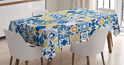 Ambesonne Yellow And Blue Tablecloth, Mosaic Portuguese Azulejo Mediterranean Effect, Dining Room Kitchen Rectangular Table Cover, 52" X 70", Mustard White #TOP10