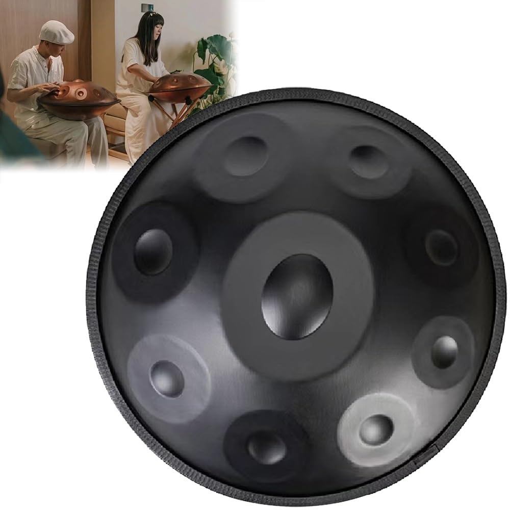 ILOOXI Tamburo Handpan In Re Minore Tamburo A Mano In Acciaio, Tamburo Etereo 9 Note/ 10 Note/ 12 Note, Tamburo Armonico ​432HZ/ 440HZ, 22 Pollici (Color : Black-432hz, Size : 10 Notes)