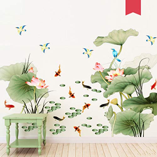 Homdsim Lotus Flower Bird Fish Wall Decor Decal Sticker,Living Room Pvc Mural Decorative Craft Wall Art Decoration Painting Large Removable Chinese Style #TOP3