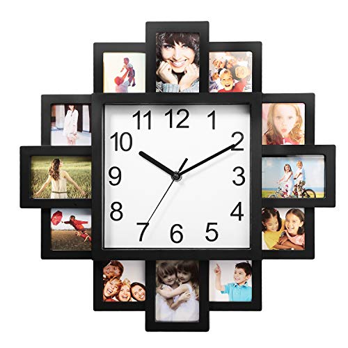 iMounTEK Wall Clock, 2-in-1 Plastic Wall-Mounted Photo Frame Clock Picture Collage 12-Pictures Display Wall Clock Photowall Wall Hanging Home Decoration