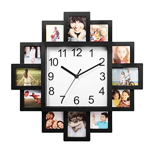 iMounTEK Wall Clock, 2-in-1 Plastic Wall-Mounted Photo Frame Clock Picture Collage 12-Pictures Display Wall Clock Photowall Wall Hanging Home Decor Living Room Decoration