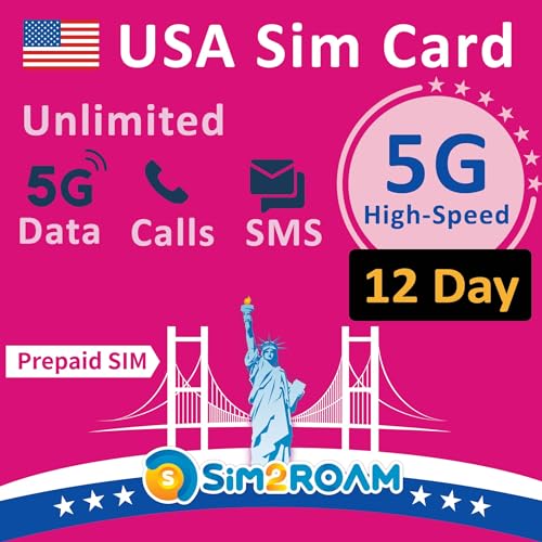 Carte SIM prépayée USA | Données Internet Haut débit 5G/4G LTE illimitées aux États-Unis (y Compris Hawaii) | Appels et SMS illimités aux États-Unis |...