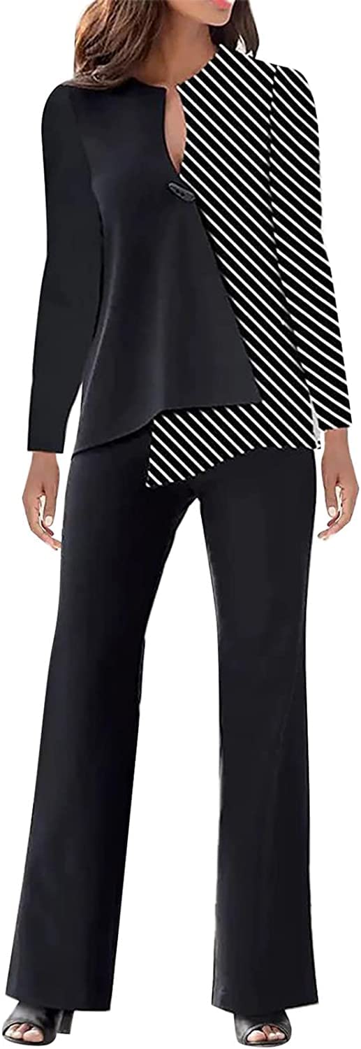 Las Mujeres de Bloqueo de Color Pantalones Sueltos Traje de Dos Piezas Elegante Traje Casual Formal de 2 Piezas de Manga Larga Casual Tops Noche Pantalones de Las Mujeres