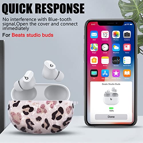 Glitter Leopard Marble Case for Beats Studio Buds with Pearl Wrist Chain Keychain for Women Girls,Luxury Sparkle Bling Cute TPU Shockproof Protective Skin Cover Compatible for Beats Studio Buds - Image 4
