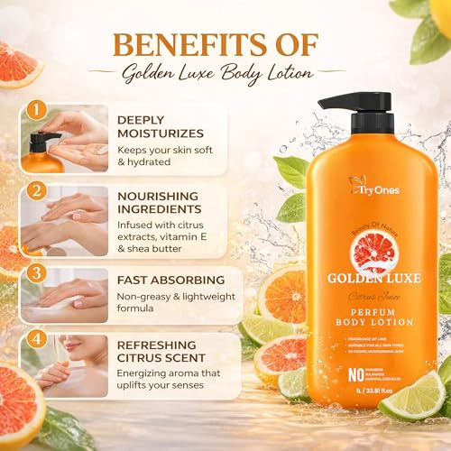 Image of GOLDEN LUXE Citrus Fuice Perfumed Body Lotion for Women & Men - Long Lasting Lime Fragrance, 72-Hours Deep Moisturizing, Paraben & Harmful Chemical Free, Suitable for All Skin Types, 1L / 33.81 fl.oz