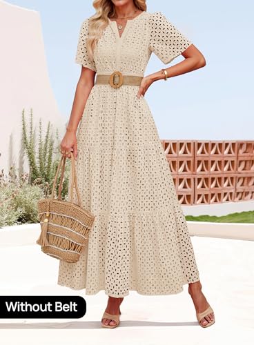 Image of ZESICA Women's 2026 Summer Short Sleeve Maxi Dress Casual V Neck Hollow Out Eyelet Ruffle Swing A Line Long Dresses