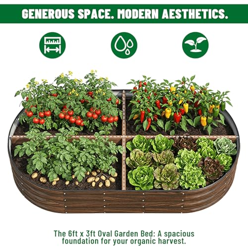 Image of SnugNiture 2 Pcs 6x3x1ft Oval Metal Raised Garden Bed for Vegetables, Brown | Protective rubber edging strips thickened corrugated galvanized steel