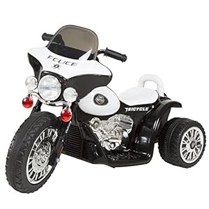 Kids Motorcycle Ride On Toy – 3-Wheel Battery Powered Motorbike for Kids 3 and Up – Police Decals, Reverse, and Headlights by Lil’ Rider (White and Black)