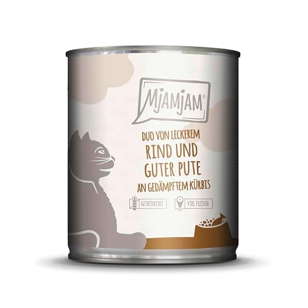 MjAMjAM - Mokra karma Premium dla kotów - DUO z pyszną wołowiną i smaczna perliczką z dynią na parze, 1 opakowanie (1 x 800g), bezzbożowa z dodatkowym mięsem