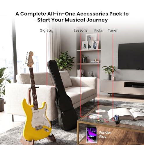 Image of Fender Squier Stratocaster - Graffiti Yellow Bundle with Gig Bag, Tuner, Picks, and Austin Bazaar Instructional DVD