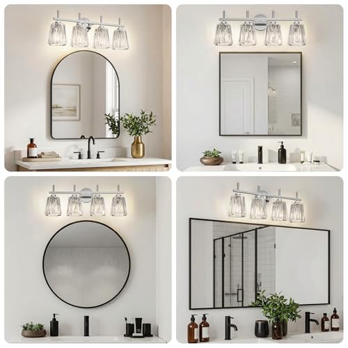 Image of Crystal Bathroom Light Fixtures Over Mirror, Chrome 4-Light Bathroom Vanity Lights Over Mirror Modern Wall Lighting Sconces with Ceramic E26 Base (Bulbs Not Include)
