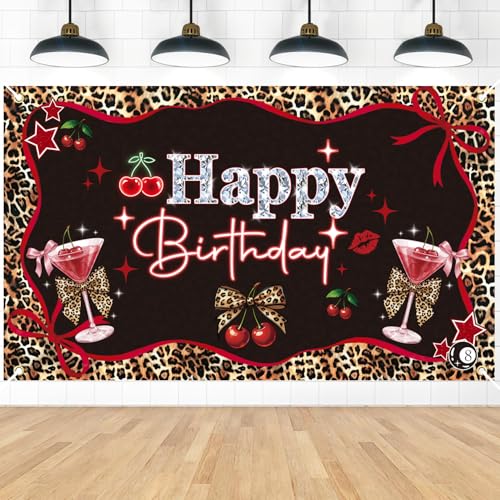 Decoración de fondo de fiesta con estampado de leopardo y cerezas 60 x 35 pulgadas miniatura 1