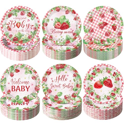 Image of Funnymoom 60 Pcs 7 Inch Strawberry Baby Shower Paper Plates a Berry Sweet Baby Is on The Way Party Decorations Strawberry Gingham Disposable Dessert Cake Plates Birthday Party Supplies