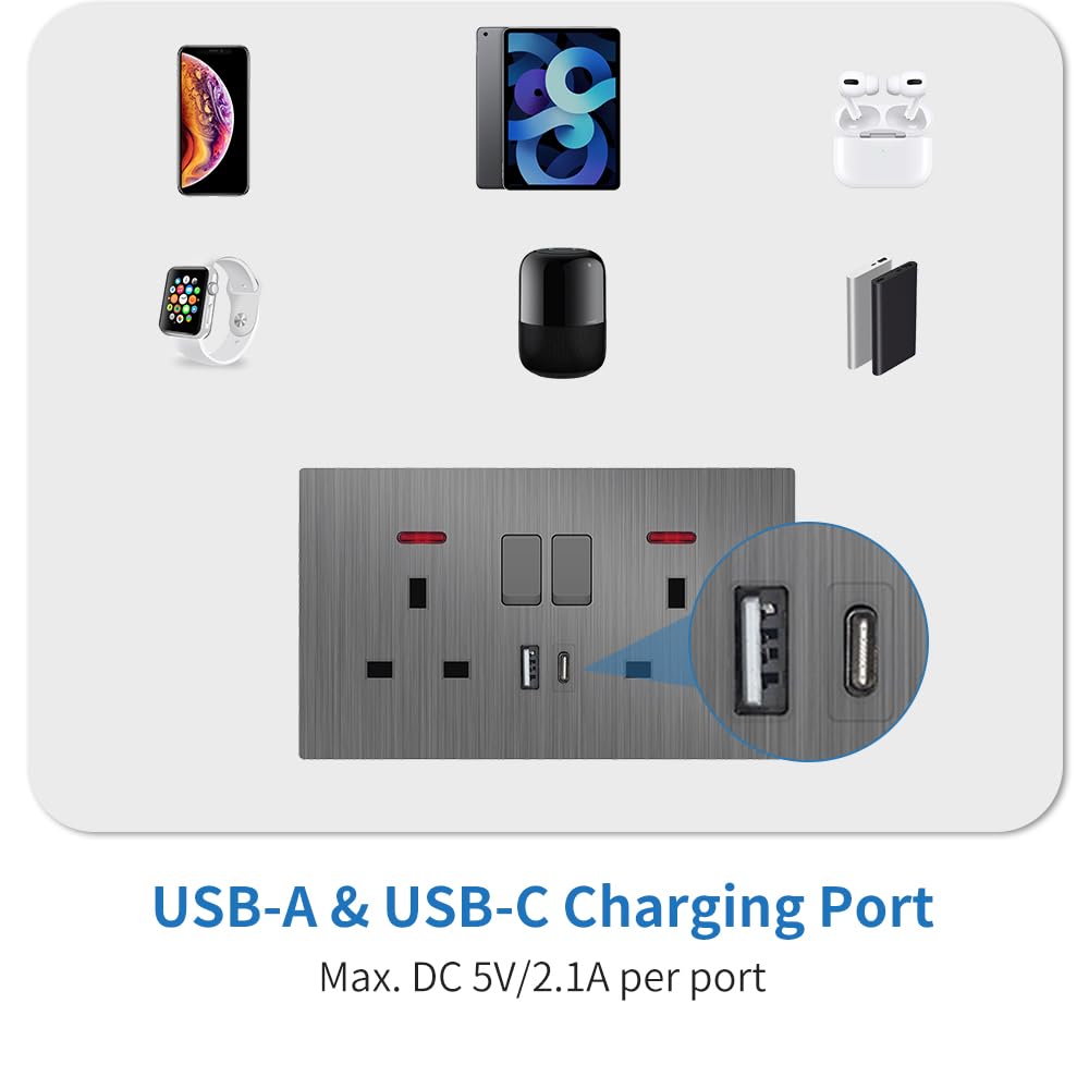 EINNO Double Switched Wall Outlets with USB C and A, 13 Amp, Brushed Grey, Double Socket with USB - Image 3