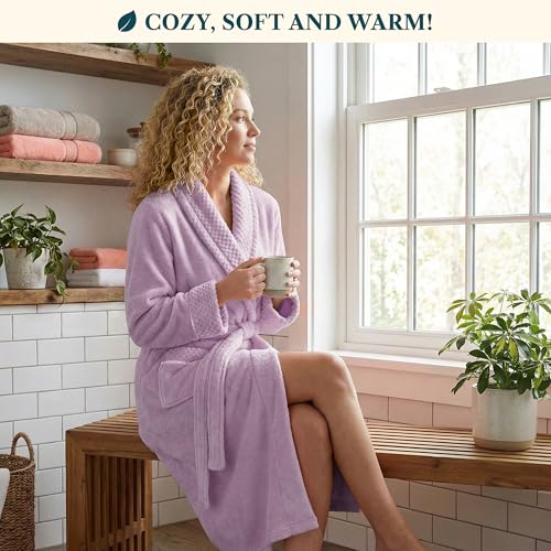 Image of PAVILIA Women's Plush Fleece Robe, Soft Cozy Long Bathrobe with Satin Waffle Trim, Warm Lightweight, Pockets & Tie Belt