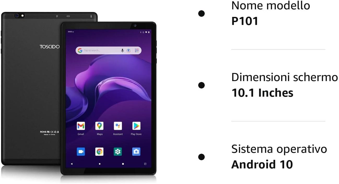 TOSCIDO Tablet 10 Pollici P101 Android 10.0 Tab PC,Doppio WiFi offerte (2.4G e 5G),Riconoscimento facciale,1920x1200 HD IPS,Octa Core,4GB RAM e 64G ROM,13MP+5MP,Bluetooth,GPS,6000mAh,Tipo C - Nero TOSCIDO Tablet 10 Pollici P101 Android 10.0 Tab PC,Doppio WiFi offerte (2.4G e 5G),Riconoscimento facciale,1920x1200 HD IPS,Octa Core,4GB RAM e 64G ROM,13MP+5MP,Bluetooth,GPS,6000mAh,Tipo C - Nero
