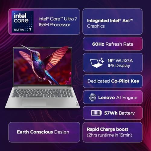 Image of Lenovo IdeaPad Slim 5 Intel Core Ultra 7 155H (16GB RAM /1TB SSD /16 (40.6cm) /WUXGA IPS /Windows 11 /Office Home 2024 /Backlit Keyboard /1Yr ADP Free /Grey /1.82Kg), 83DC0094IN