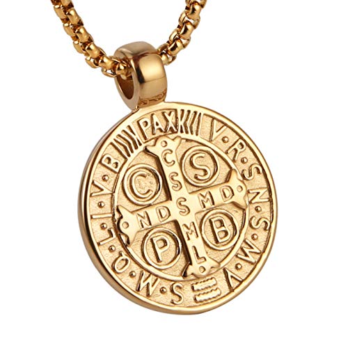 AsAlways St Benedict Necklace for Men Women Stainless Steel Retro Catholic Roman Cross Exorcism Round Medal Pendant Necklace Talisman Jewelry Gift