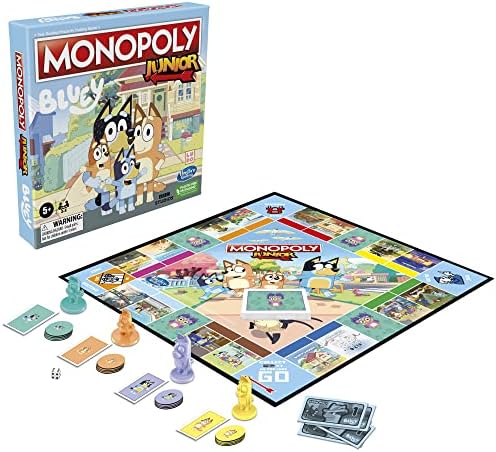 Monopoly Junior: Bluey Edition Board Game for Kids Ages 5+, Play as Bluey, Bingo, Mum, and Dad, Features Artwork from The Animated Series - English (Amazon Exclusive) 14 51KD715PhQL. AC