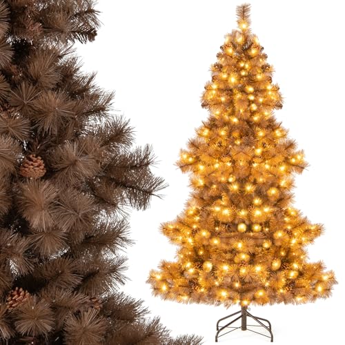 DREAMADE 6 FT Pre-Lit Artificial Christmas Tree Hinged Holiday Tree w/200 Warm LED Lights 493 Branch Tips Pine Cones & Metal Stand Xmas Tree for Home Office Party Decoration Chocolate Brown