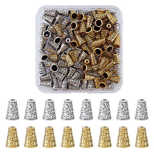 SUPERFINDINGS 100PCS 2 Colors Tibetan Style Bead Cone Alloy Bead End Caps Antique Spacer Beads Caps Cone for DIY Jewelry Making 10x7mm