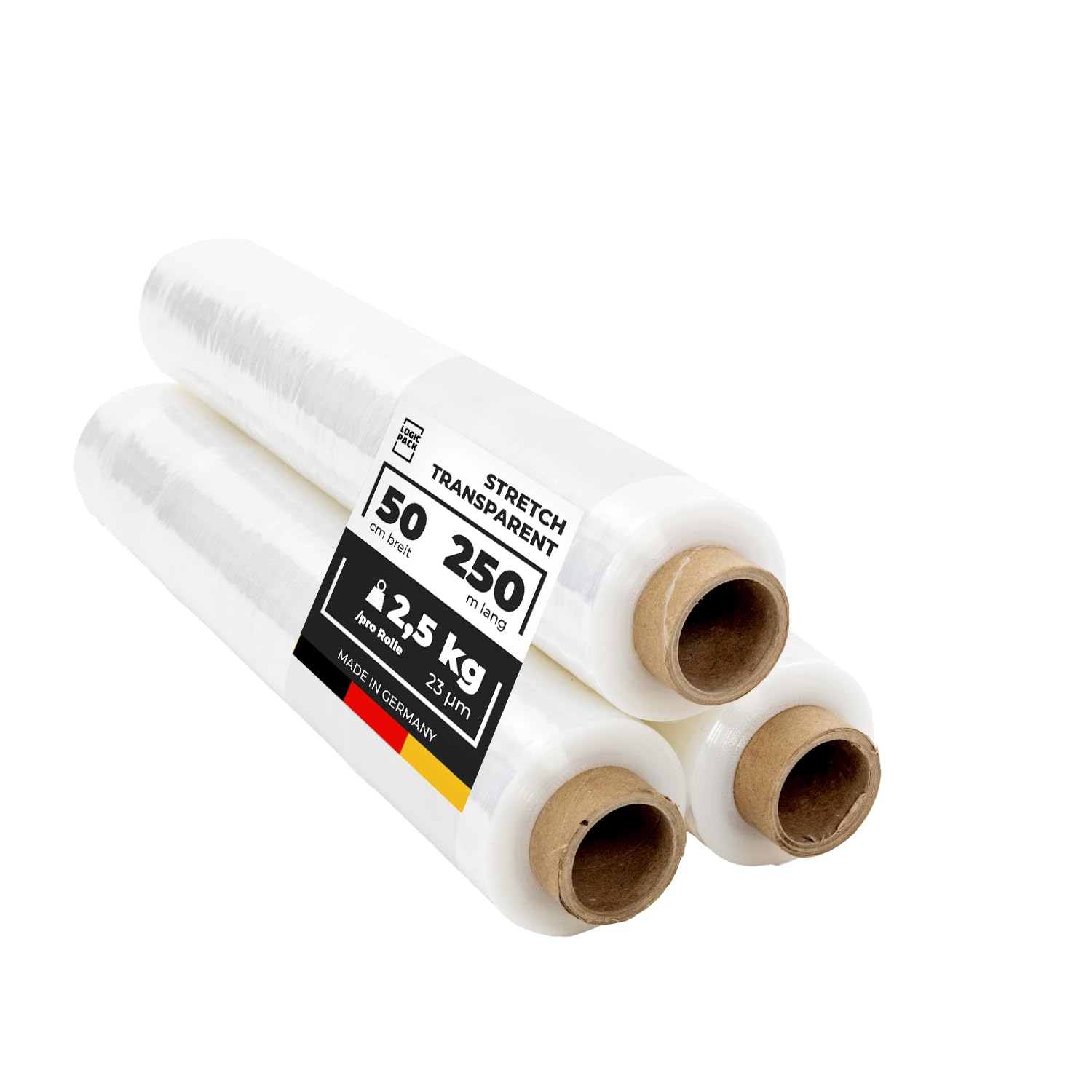 Pellicola Trasparente Manuale Professionale 50 cm x 250 m 2.5 kg – Film Estensibile Imballaggio per Spedizioni Protettivo Extra Resistente e Autoadesivo per Traslochi Pallet (3 Rotoli)