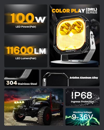 Image of Auxbeam Color Play Series 3-Inch Ditch Light Pods Spot Flood Combo 2-Pack | DRL & Turn Signal, Dual Color, Amber White Covers, 100W 11600LM, Truck Offroad Lights, Jeep Fog Lights, Multi-Function