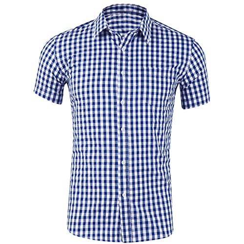 Mens Shirts Short Sleeve Regular-Fit Casual Plaid Shirt Classics Lapel Business Gingham Check Shirt Short Sleeve Shirt Formal Shirts Casual Outings Walking Hiking Summer Shirt Button Up Shirt