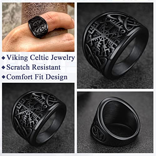 Black Nordic Viking Rings for Male, Vegvisir Compass Rings Stainless Steel Nordic Mythology Jewelry Amulet for Dad