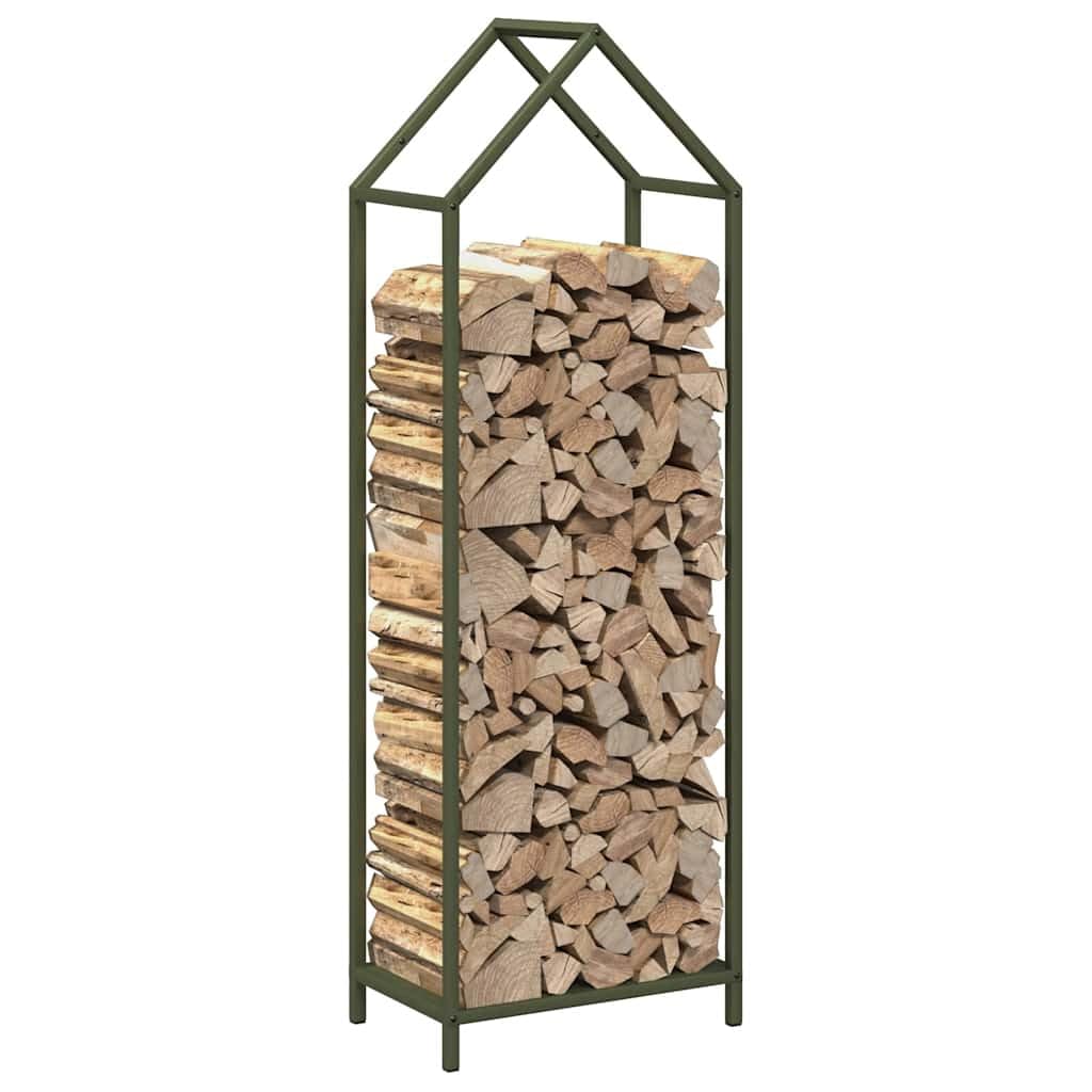 Brokky 864302 Rastrelliera per Legna da Ardere Verde Oliva 40x25x120 cm Legnaia da Esterno in Metallo, Ripiano per Legna da Ardere, Portalegna