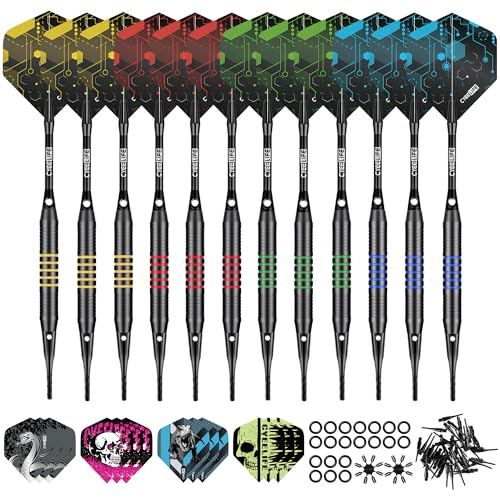 CyeeLife Dardos con punta de plástico, 12 piezas Set de Softdarts con punta de plástico, 16g Dardos Softdarts profesionales, Dardos con 24 vuelos y 50 puntas para dianas electrónicas