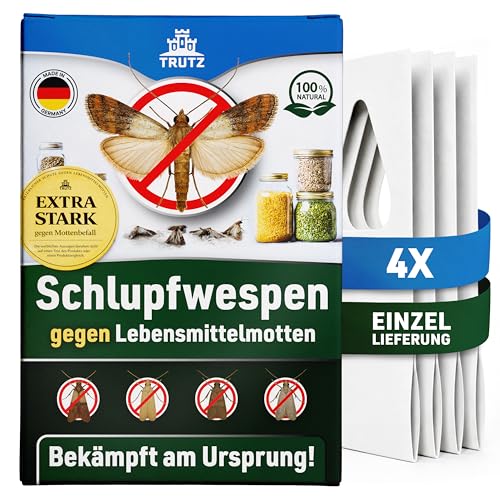 TRUTZ Schlupfwespen gegen Lebensmittelmotten | 4 Karten à 1 Lieferung | Nachhaltig & Effektiv Lebensmittelmotten bekämpfen | Alternative zu Mottenspray Mottenkugeln und Lebensmittelmotten Falle