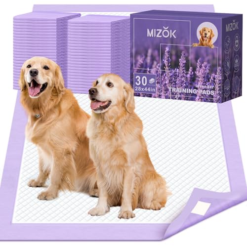 Image of MIZOK Dog Pads Extra Large 28x44in, XXL Potty Pads for Dogs, Keeps Fresh & Clean, Ultra Absorbent Up to 12 Cups, 6 Layers Leak-Proof, Purple Lavender Color (30 Counts)
