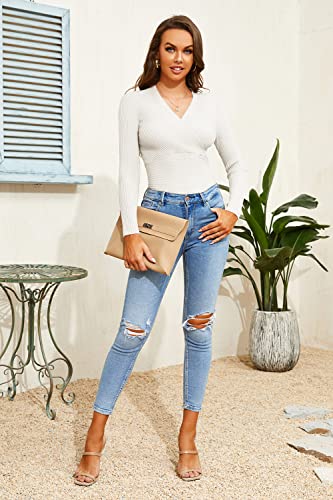 Image of Fangetey Womens Deep V Neck Sexy Wrap Sweater Long Sleeve Slim-Fitted Knitted Jumper Top