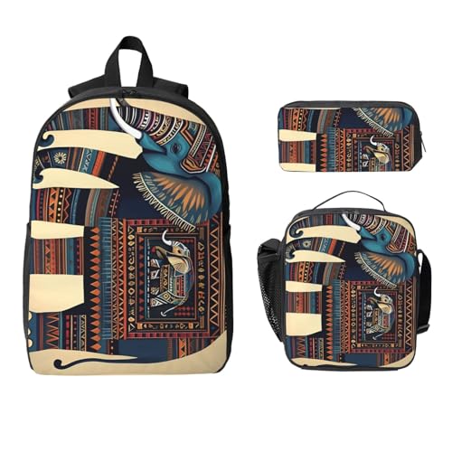 aztec elephant print Shoulder Bookbags Lunch Bag and Pen Case 17 inches Backpack with Lunch Box, Cute Bookbag Set2