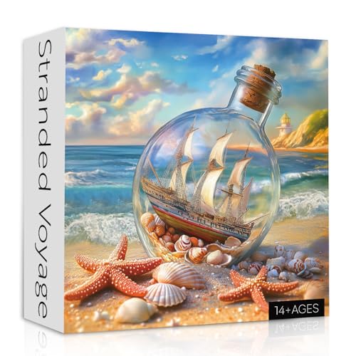Beach Puzzles for Adults 1000 Pieces, Seashells Jar Sailboat Art Jigsaw Puzzles, Summer Ocean Starfish Puzzle as Home Wall Art
