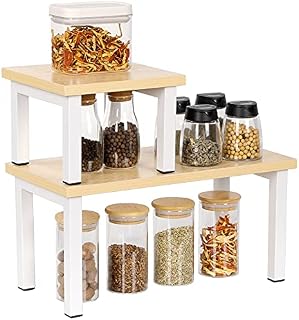 OROPY Set of 2 Stackable Countertop Storage Shelf, Freestanding Spice Rackset, Kitchen Desktop Shelves Organiser, Cupboard Shelf Organiser for Kitchen Utensils, Spice Jars- Natural Wood Color