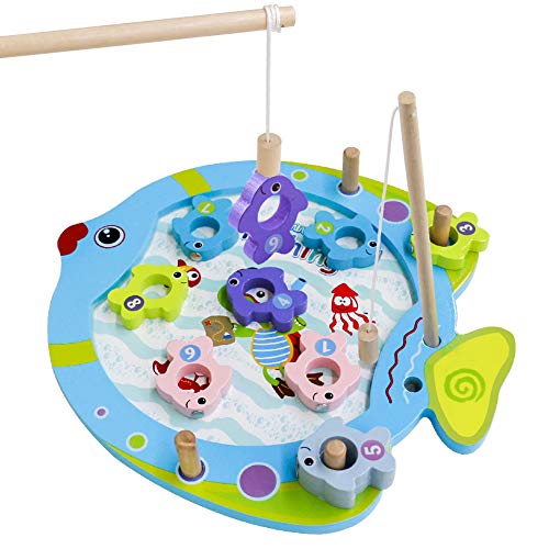Akokie Montessori Jeu de Pêche Magnétique Jouets en Bois avec 10 Pièces Poissons 2 Pièces Canne à Pêche pour Les Enfants Bébés Garçons Filles
